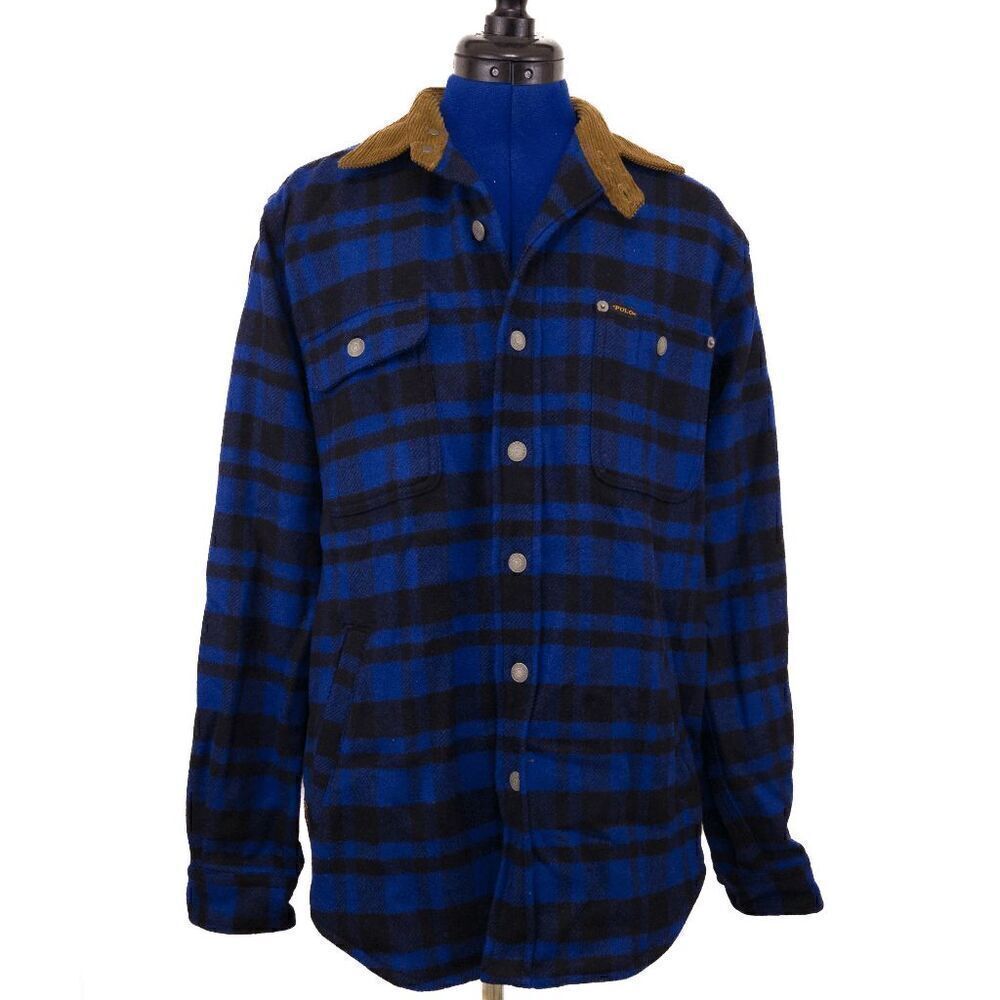 NWT Polo Ralph Lauren Blue & black Plaid Wool Corduroy Collar Work Shirt Med